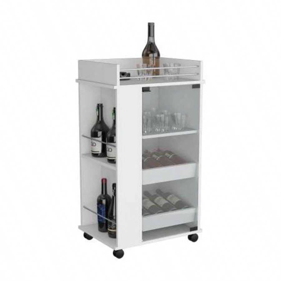 Bar Cart with Glass Door, 2 - Side Shelves and Casters, White