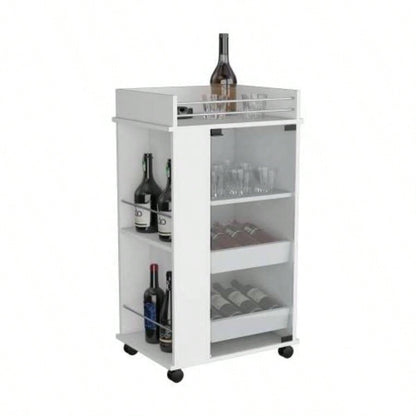 Bar Cart with Glass Door, 2 - Side Shelves and Casters, White