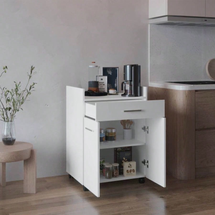 Kitchen Cart, 2 Doors, 1 Drawer, 4 Wheels, 2 Shelves, White