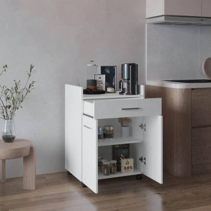 Kitchen Cart, 2 Doors, 1 Drawer, 4 Wheels, 2 Shelves, White