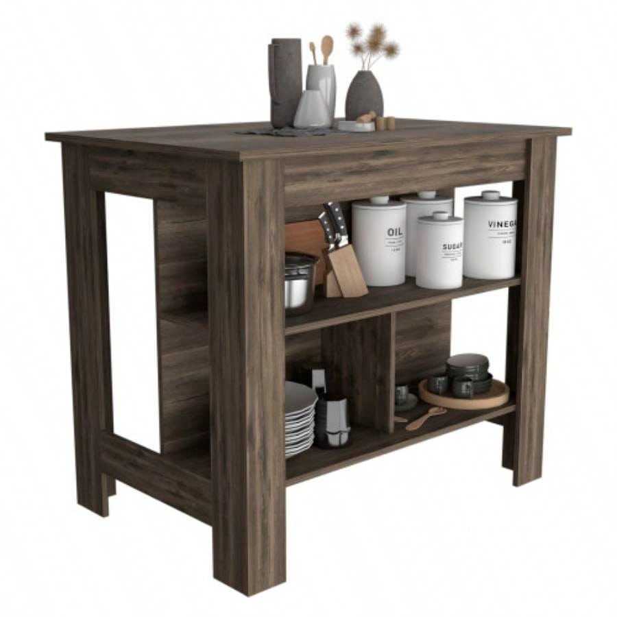 DEPOT E - SHOP Delos Kitchen Island, Four, Three Shelves, Dark Brown