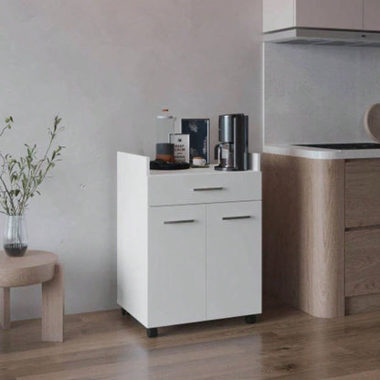 Kitchen Cart, 2 Doors, 1 Drawer, 4 Wheels, 2 Shelves, White