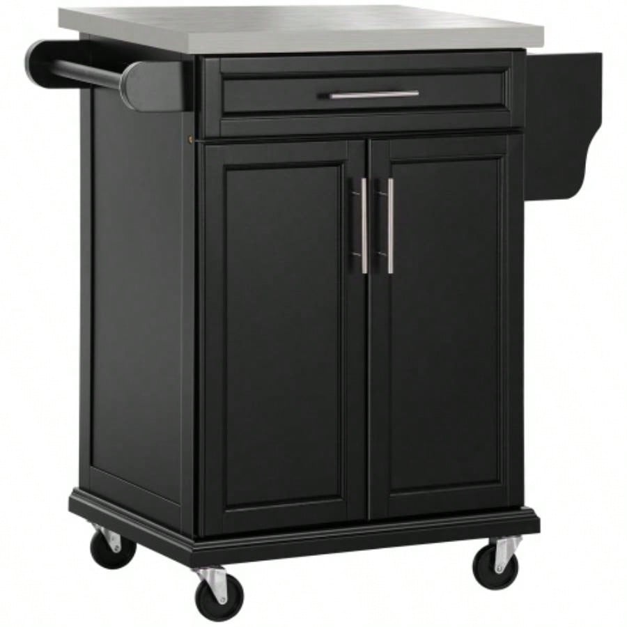 HOMCOM Kitchen Island on Wheels, Rolling Kitchen Cart with Stainless Steel Countertop, Drawer, Towel Rack and Spice Rack, Utility Storage Trolley, Black