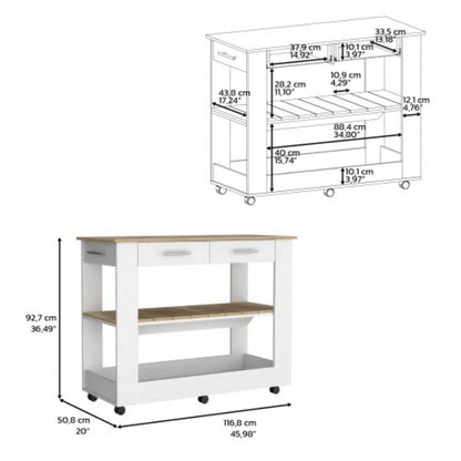 Kitchen Island 46 Inches Dozza, Two Drawers, White/ Light Oak