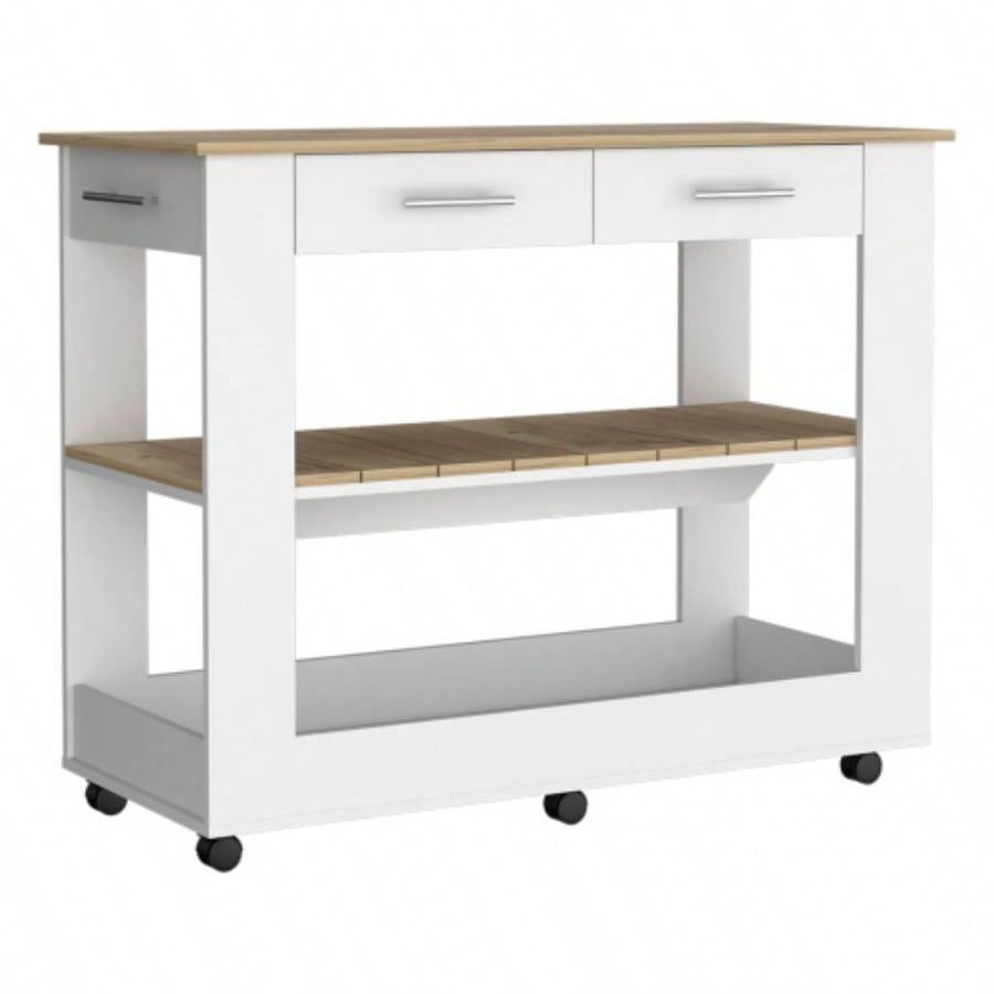 Kitchen Island 46 Inches Dozza, Two Drawers, White/ Light Oak