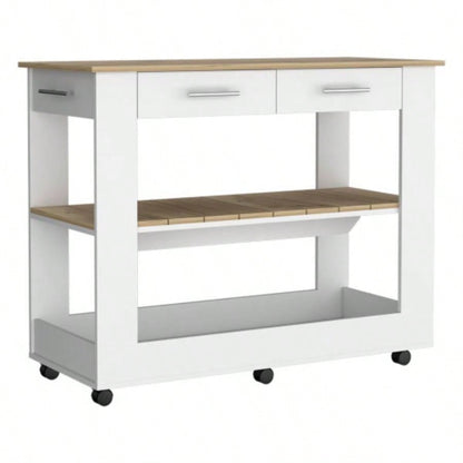 Kitchen Island 46 Inches Dozza, Two Drawers, White/ Light Oak