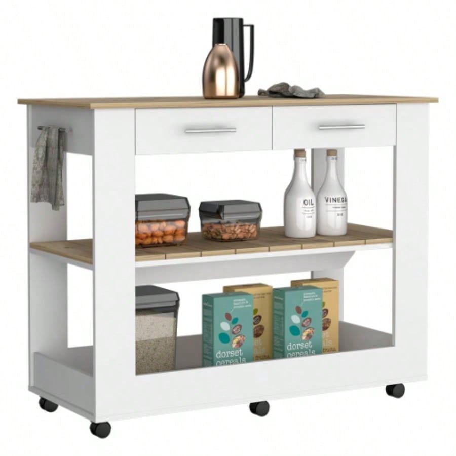 Kitchen Island 46 Inches Dozza, Two Drawers, White/ Light Oak