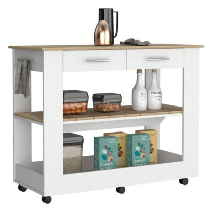 Kitchen Island 46 Inches Dozza, Two Drawers, White/ Light Oak