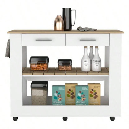 Kitchen Island 46 Inches Dozza, Two Drawers, White/ Light Oak