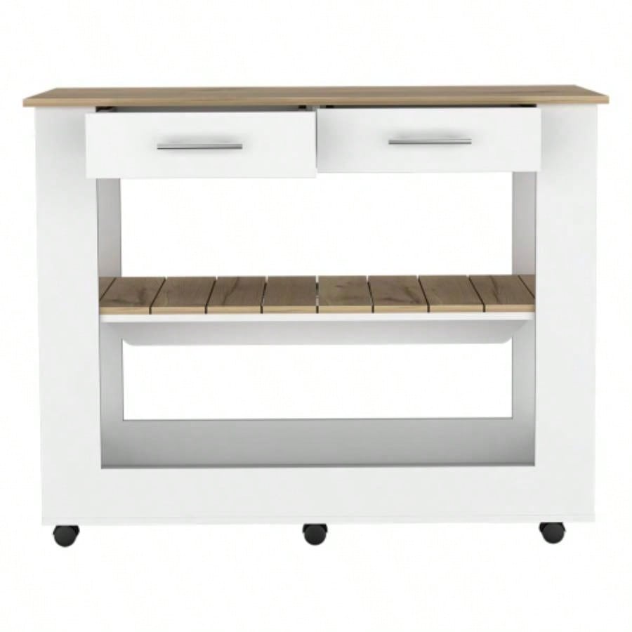 Kitchen Island 46 Inches Dozza, Two Drawers, White/ Light Oak