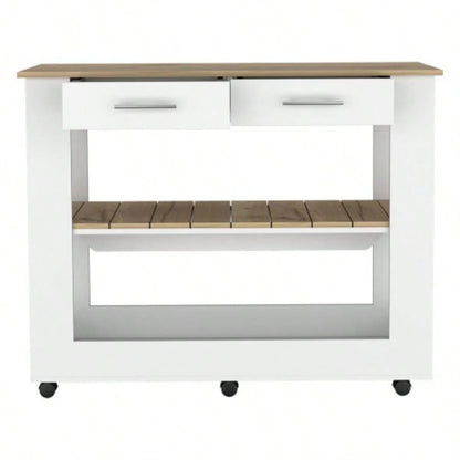Kitchen Island 46 Inches Dozza, Two Drawers, White/ Light Oak