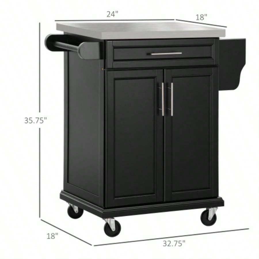 HOMCOM Kitchen Island on Wheels, Rolling Kitchen Cart with Stainless Steel Countertop, Drawer, Towel Rack and Spice Rack, Utility Storage Trolley, Black