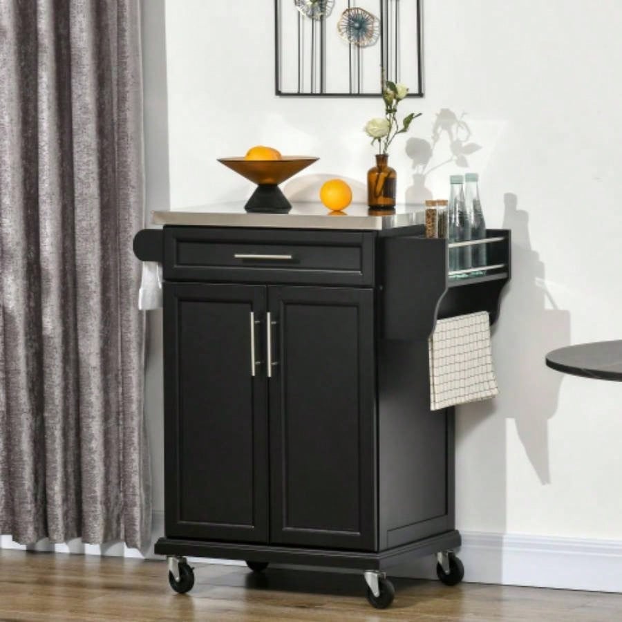 HOMCOM Kitchen Island on Wheels, Rolling Kitchen Cart with Stainless Steel Countertop, Drawer, Towel Rack and Spice Rack, Utility Storage Trolley, Black