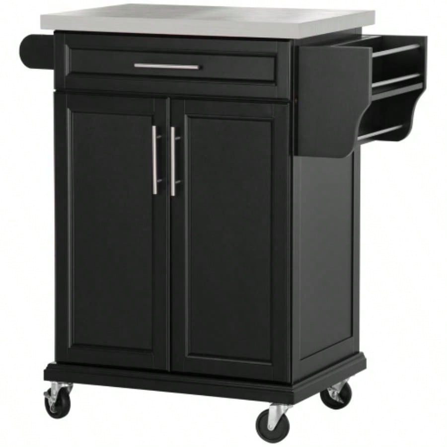 HOMCOM Kitchen Island on Wheels, Rolling Kitchen Cart with Stainless Steel Countertop, Drawer, Towel Rack and Spice Rack, Utility Storage Trolley, Black
