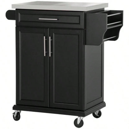 HOMCOM Kitchen Island on Wheels, Rolling Kitchen Cart with Stainless Steel Countertop, Drawer, Towel Rack and Spice Rack, Utility Storage Trolley, Black
