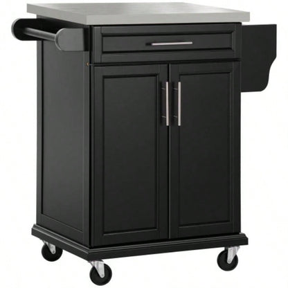 HOMCOM Kitchen Island on Wheels, Rolling Kitchen Cart with Stainless Steel Countertop, Drawer, Towel Rack and Spice Rack, Utility Storage Trolley, Black