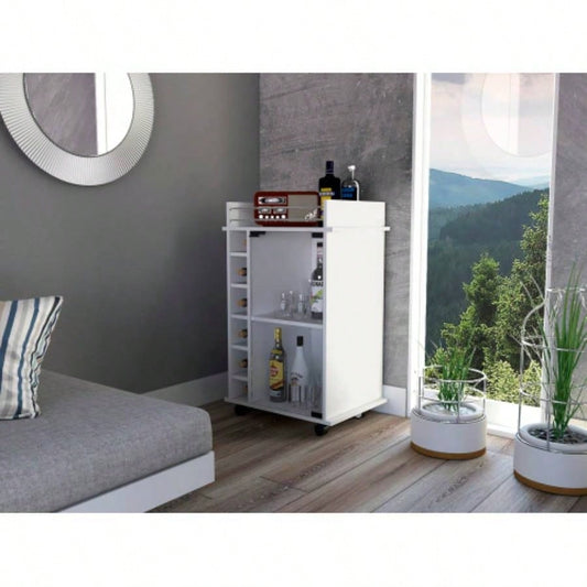 Dukat Bar Cart, Two Shelves, Six Built - in Wine Rack, Four Casters - White