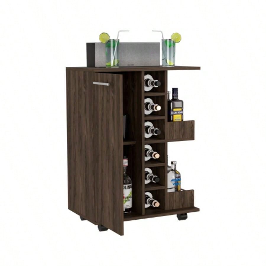 Bar Cart Wells, Four Casters, Dark Walnut