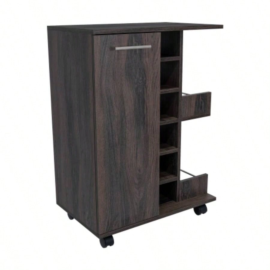 Bar Cart, Two External Shelves, Four Casters, Six Built - in Wine Rack, Single Door Cabinet - Espresso