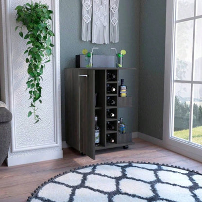 Bar Cart, Two External Shelves, Four Casters, Six Built - in Wine Rack, Single Door Cabinet - Espresso