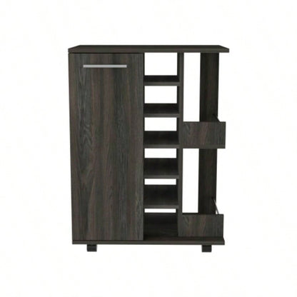 Bar Cart, Two External Shelves, Four Casters, Six Built - in Wine Rack, Single Door Cabinet - Espresso