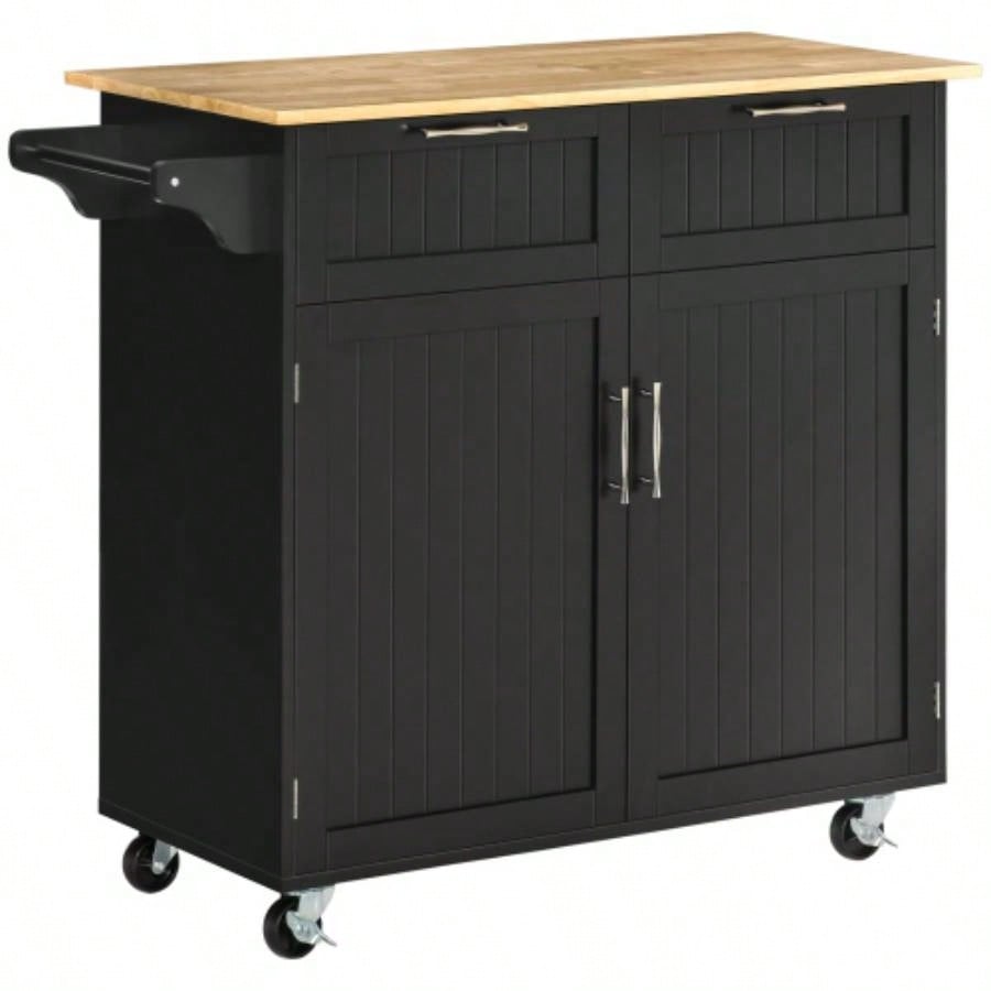 41 Modern Rolling Kitchen Island on Wheels, Utility Cart Storage Trolley with Rubberwood Top Drawers, Black
