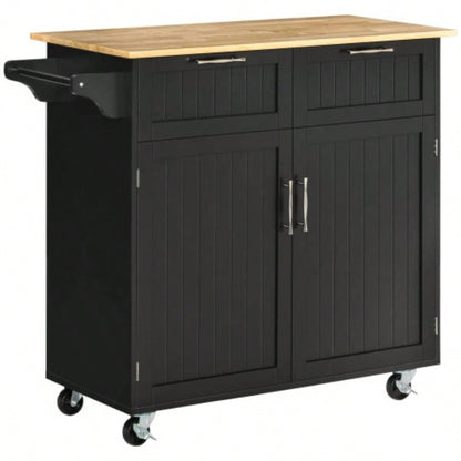 41 Modern Rolling Kitchen Island on Wheels, Utility Cart Storage Trolley with Rubberwood Top Drawers, Black