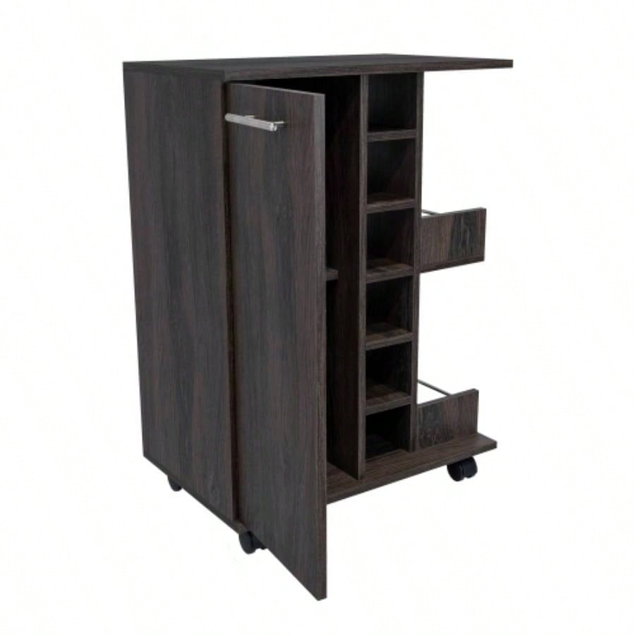 Bar Cart, Two External Shelves, Four Casters, Six Built - in Wine Rack, Single Door Cabinet - Espresso