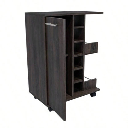 Bar Cart, Two External Shelves, Four Casters, Six Built - in Wine Rack, Single Door Cabinet - Espresso