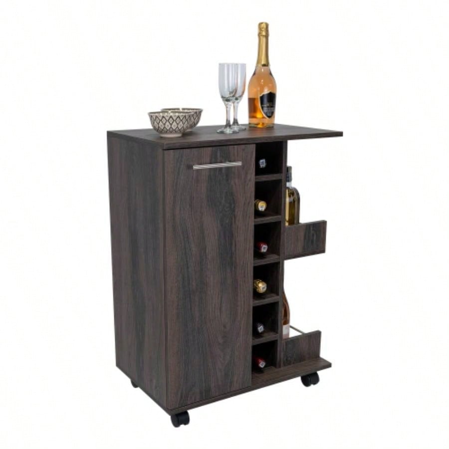 Bar Cart, Two External Shelves, Four Casters, Six Built - in Wine Rack, Single Door Cabinet - Espresso