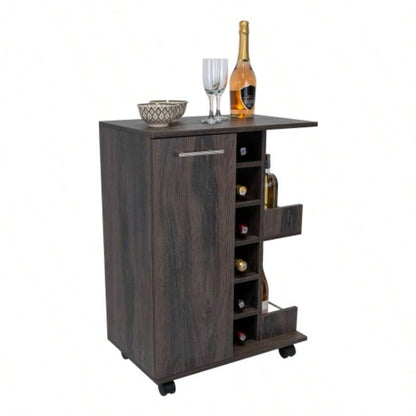 Bar Cart, Two External Shelves, Four Casters, Six Built - in Wine Rack, Single Door Cabinet - Espresso