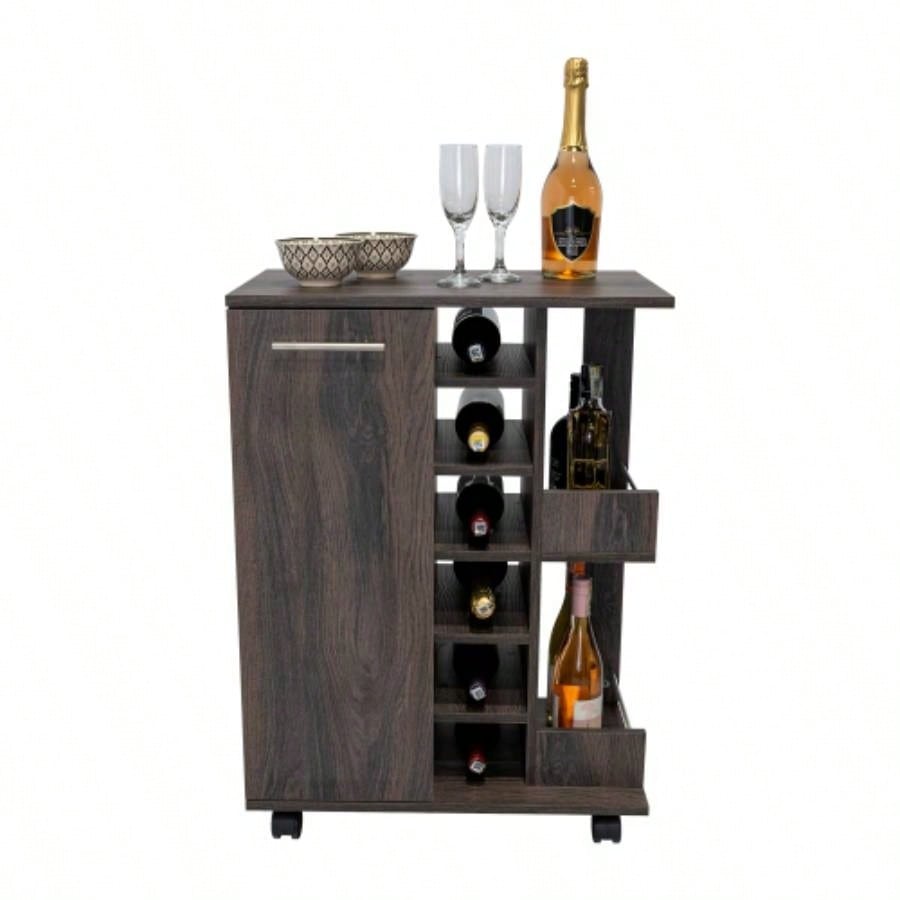 Bar Cart, Two External Shelves, Four Casters, Six Built - in Wine Rack, Single Door Cabinet - Espresso