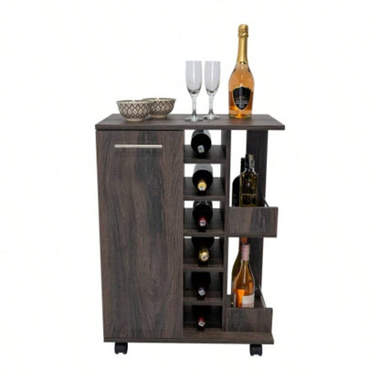 Bar Cart, Two External Shelves, Four Casters, Six Built - in Wine Rack, Single Door Cabinet - Espresso