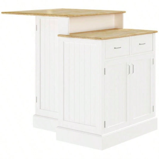 Kitchen Island with Storage Cabinet and 2 - Level Rubber Wood Tabletop, Island Table with Adjustable Shelves and Drawers, White