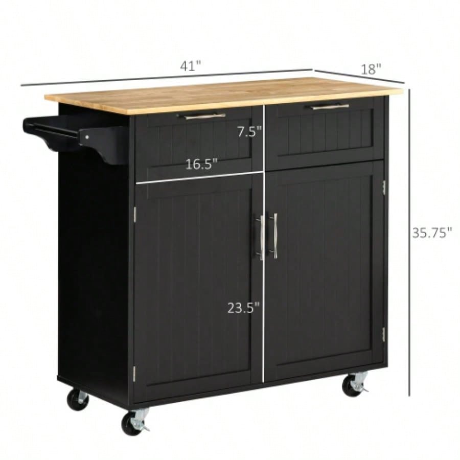 41 Modern Rolling Kitchen Island on Wheels, Utility Cart Storage Trolley with Rubberwood Top Drawers, Black