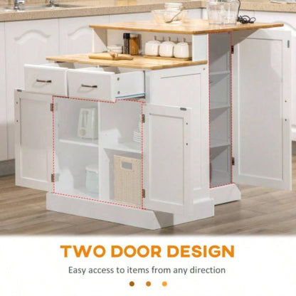 Kitchen Island with Storage Cabinet and 2 - Level Rubber Wood Tabletop, Island Table with Adjustable Shelves and Drawers, White