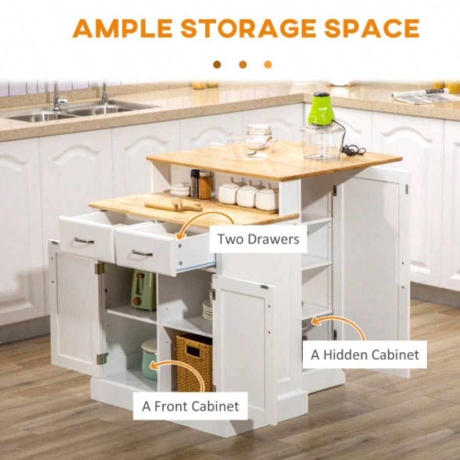 Kitchen Island with Storage Cabinet and 2 - Level Rubber Wood Tabletop, Island Table with Adjustable Shelves and Drawers, White
