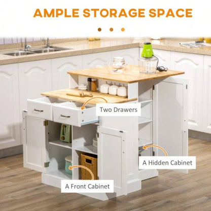 Kitchen Island with Storage Cabinet and 2 - Level Rubber Wood Tabletop, Island Table with Adjustable Shelves and Drawers, White