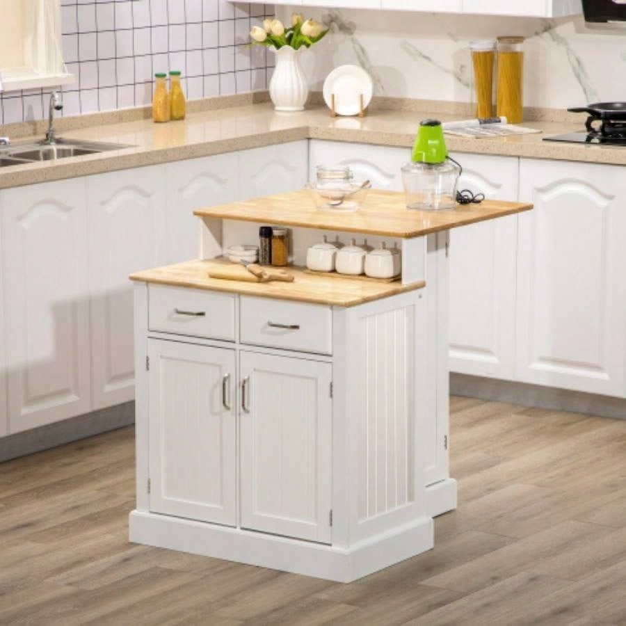 Kitchen Island with Storage Cabinet and 2 - Level Rubber Wood Tabletop, Island Table with Adjustable Shelves and Drawers, White