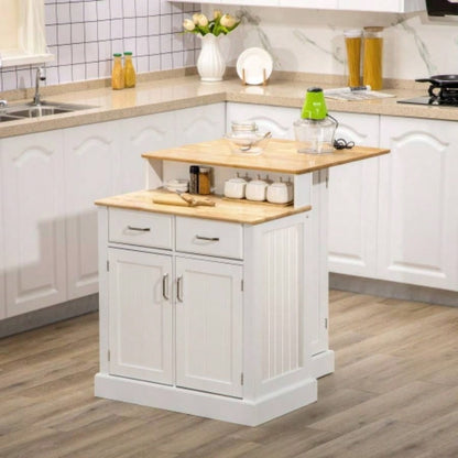 Kitchen Island with Storage Cabinet and 2 - Level Rubber Wood Tabletop, Island Table with Adjustable Shelves and Drawers, White