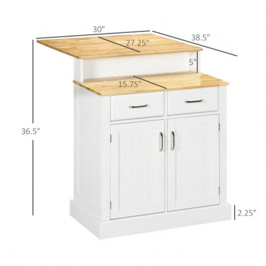 Kitchen Island with Storage Cabinet and 2 - Level Rubber Wood Tabletop, Island Table with Adjustable Shelves and Drawers, White