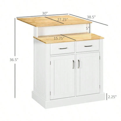 Kitchen Island with Storage Cabinet and 2 - Level Rubber Wood Tabletop, Island Table with Adjustable Shelves and Drawers, White