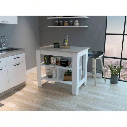 Rockaway 3 - Shelf Kitchen Island White and Light