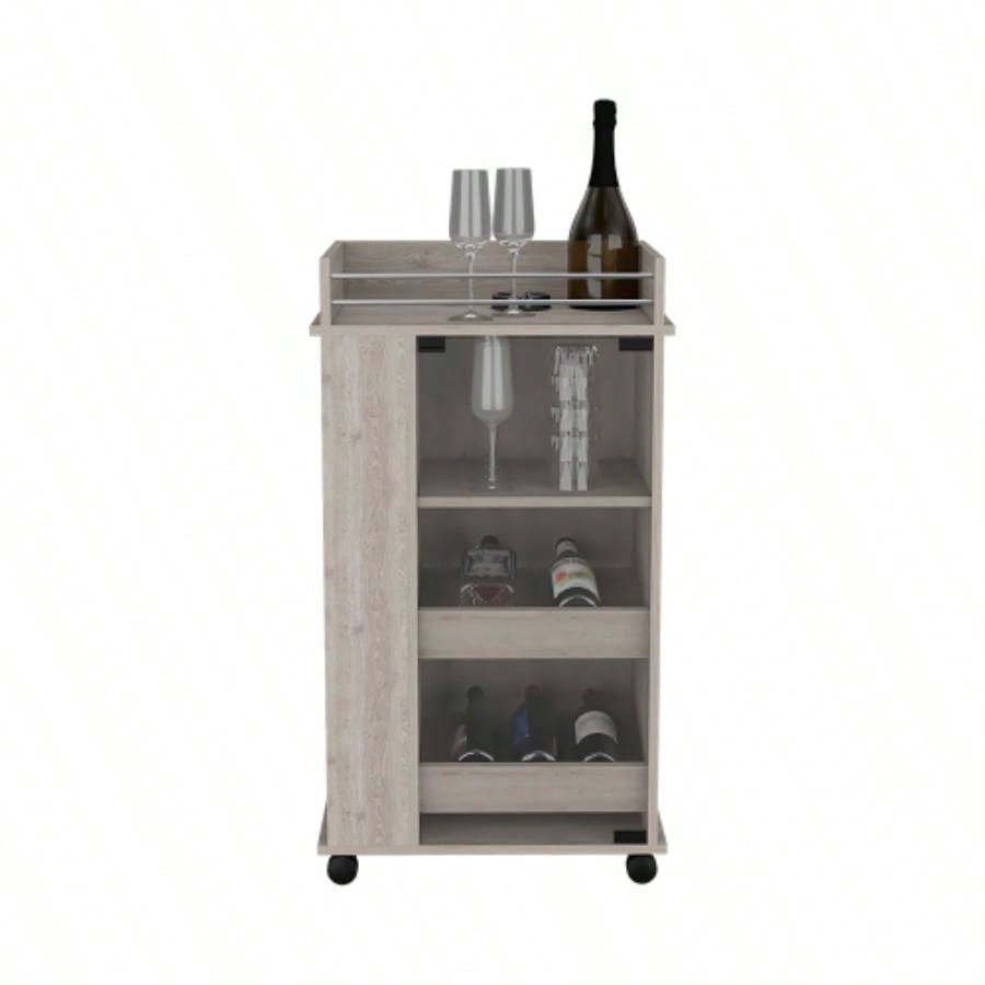 Bar Cart with Two - Side Shelves, Glass Door and Upper Surface, Light Gray