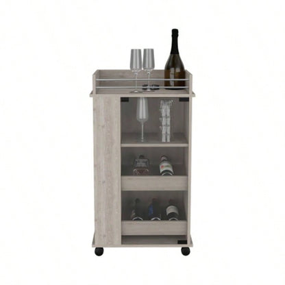 Bar Cart with Two - Side Shelves, Glass Door and Upper Surface, Light Gray