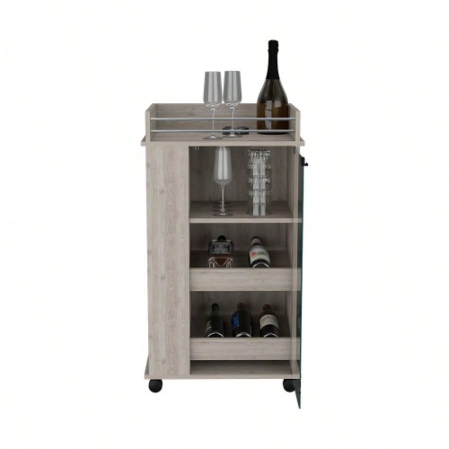Bar Cart with Two - Side Shelves, Glass Door and Upper Surface, Light Gray