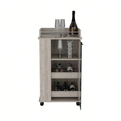 Bar Cart with Two - Side Shelves, Glass Door and Upper Surface, Light Gray