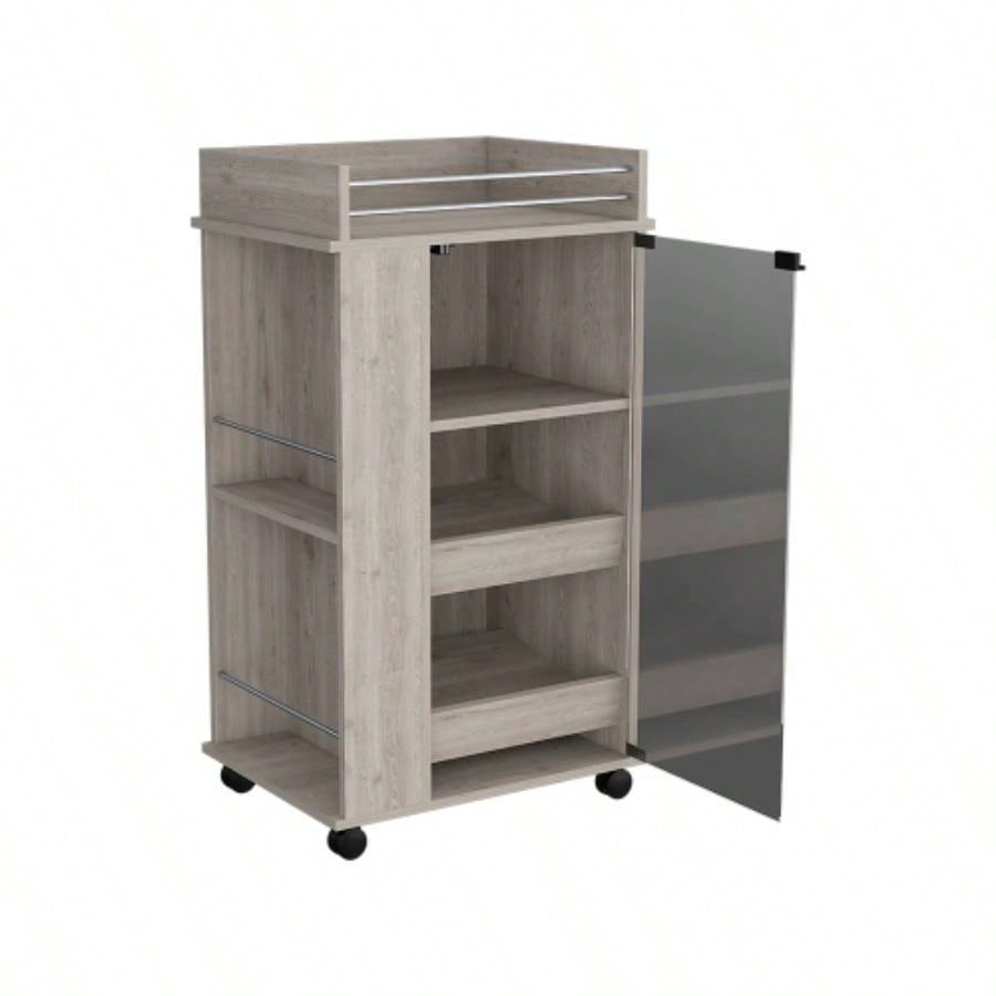 Bar Cart with Two - Side Shelves, Glass Door and Upper Surface, Light Gray