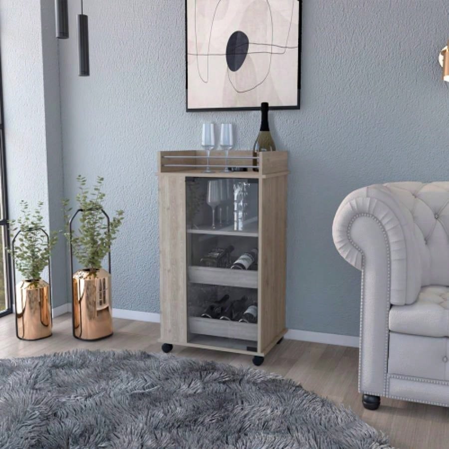 Bar Cart with Two - Side Shelves, Glass Door and Upper Surface, Light Gray