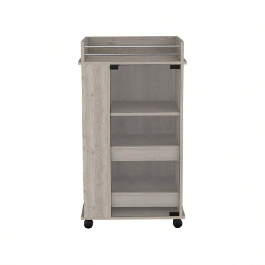 Bar Cart with Two - Side Shelves, Glass Door and Upper Surface, Light Gray